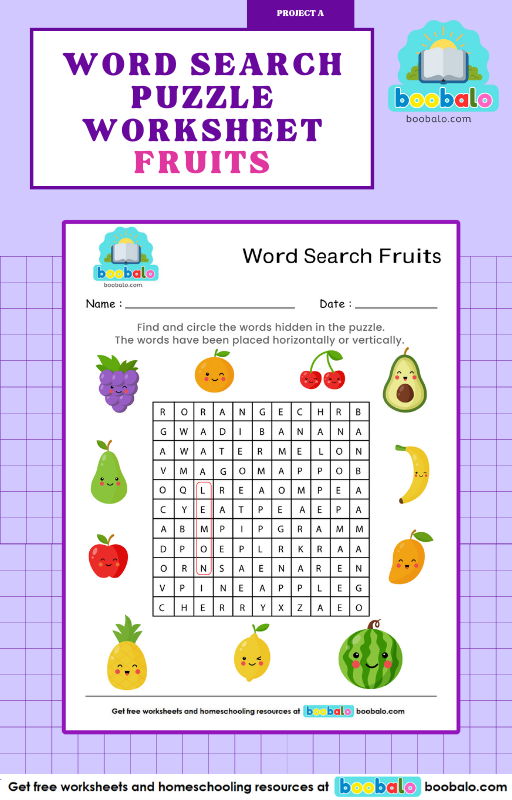 Word Search Fruits Worksheet