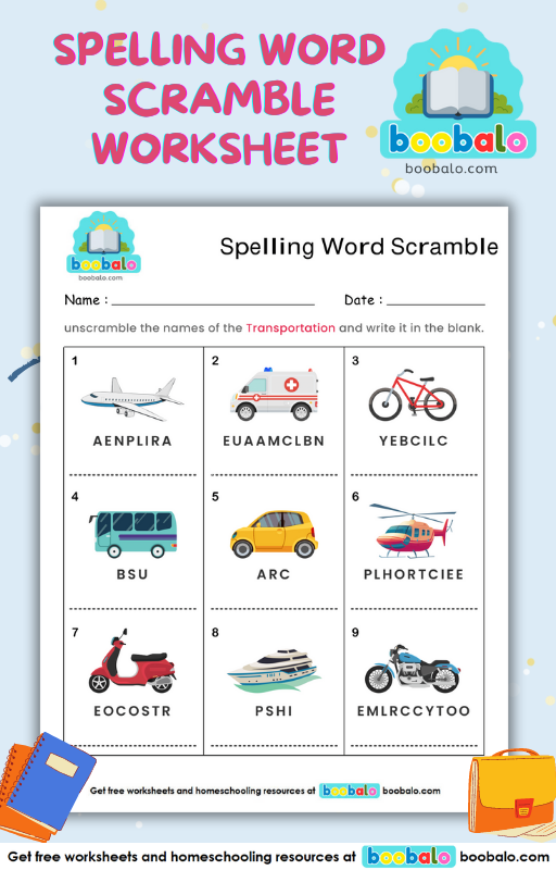 Spelling Word Scramble Transportation Worksheet